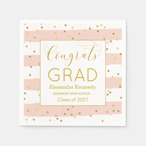 Gold Confetti Pink Stripes Graduation Paper Napkin