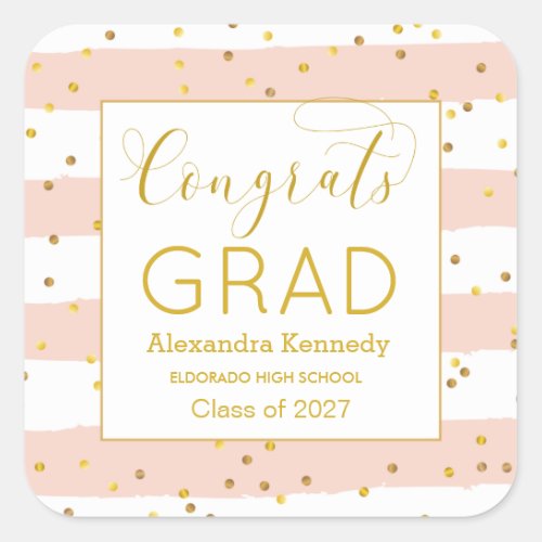 Gold Confetti Pink Stripes Graduation  Square Sticker