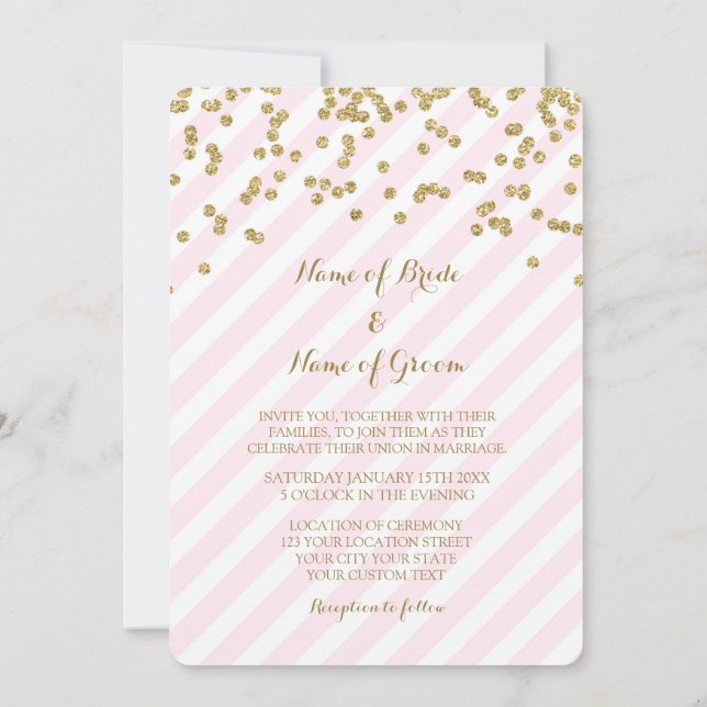 Gold Confetti Pink Stripes Wedding Invitations (Back)