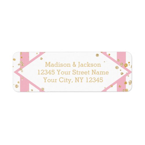 Gold Confetti Pink Stripes Wedding Return Address Label