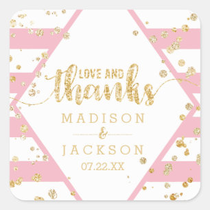 Gold Confetti & Pink Stripes Wedding Thanks Favor Square Sticker