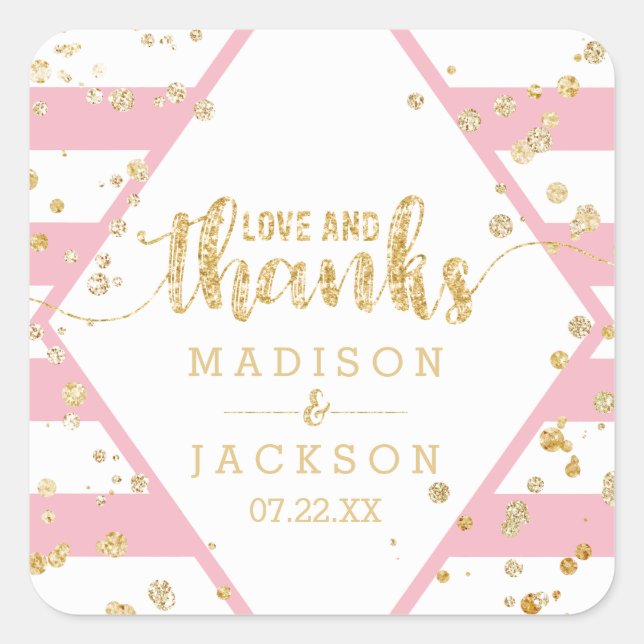 Gold Confetti & Pink Stripes Wedding Thanks Favor Square Sticker (Front)