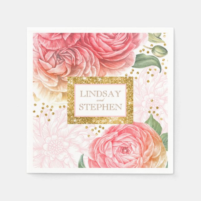 Gold Confetti Pink Vintage Floral Wedding Napkins (Front)