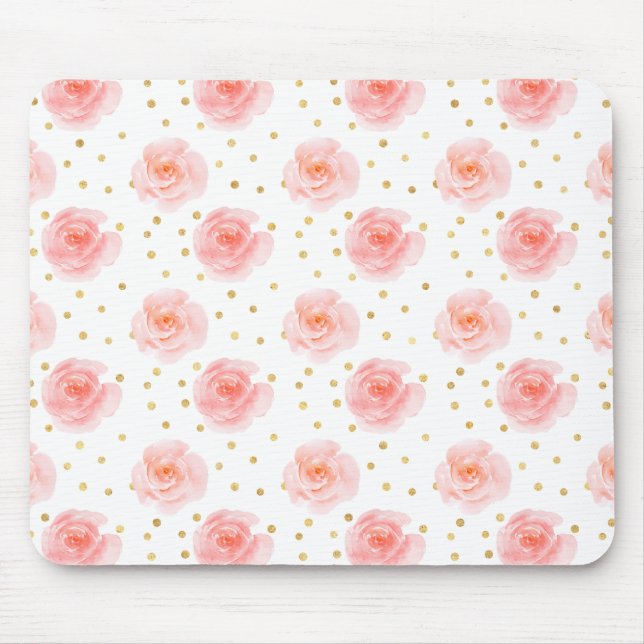 Gold Confetti Pink Watercolor Roses Mouse Pad (Front)
