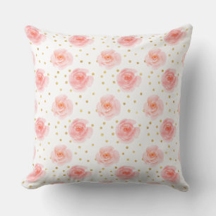 Gold Confetti Pink Watercolor Roses Throw Pillow