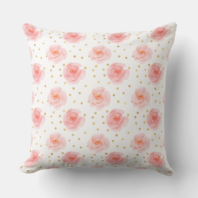 Gold Confetti Pink Watercolor Roses Throw Pillow (Front)