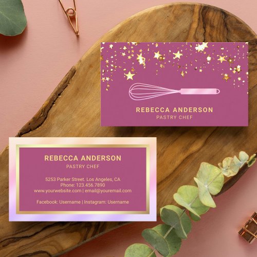 Gold Confetti Pink Whisk Pastry Chef Bakery Business Card