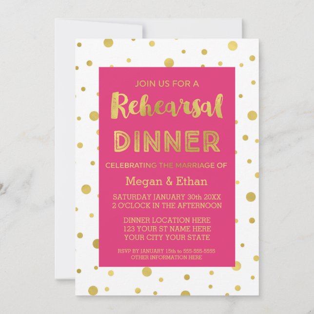 Gold Confetti Pink White Rehearsal Dinner Party Invitation (Back)
