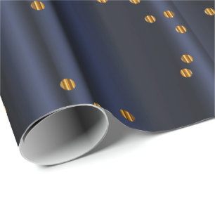 Gold Confetti Polka Dots on Navy Blue Satin Wrapping Paper