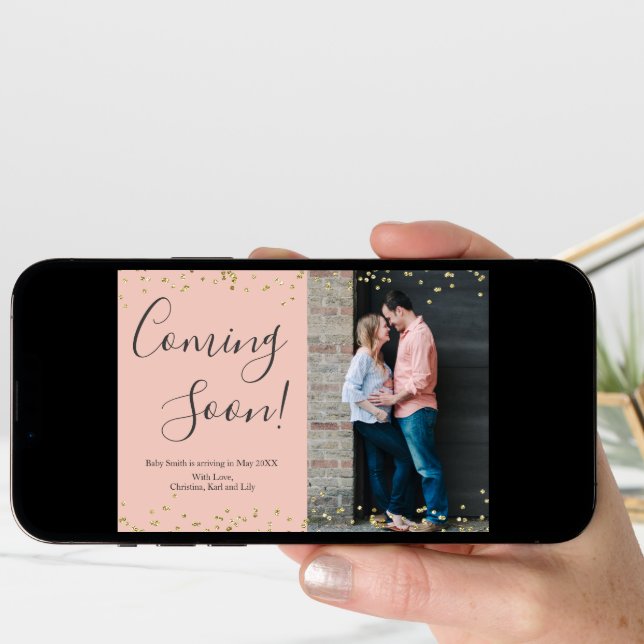Gold Confetti Pregnancy Announcement Card on Pink (Front Digital)