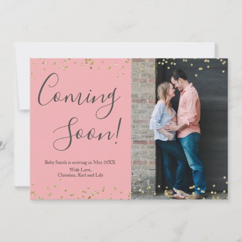 Gold Confetti Pregnancy Announcement Card on Pink