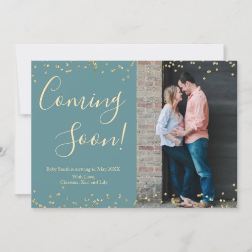 Gold Confetti Pregnancy Announcement Card on Teal