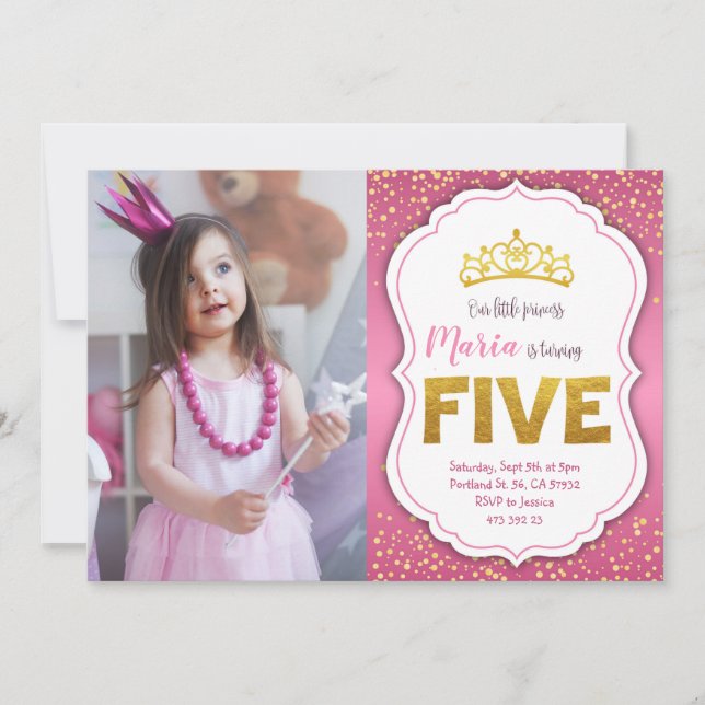 Gold Confetti Princess 5th Birthday Invitation  (Front)