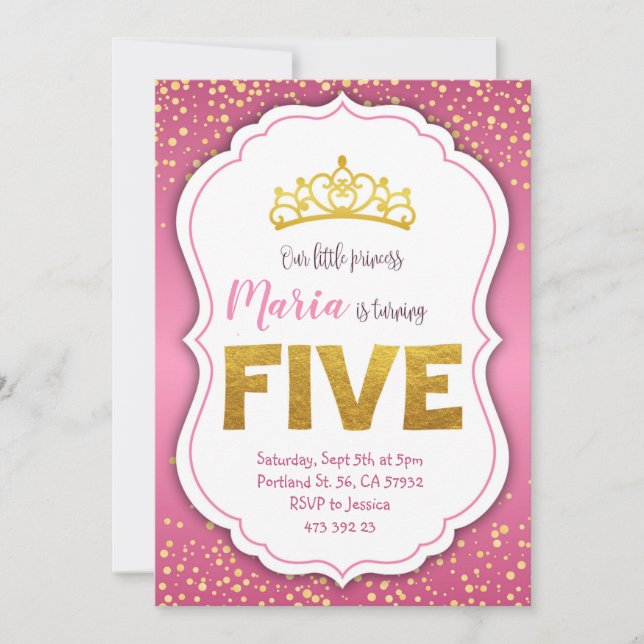 Gold Confetti Princess 5th Birthday Invitation  (Front)