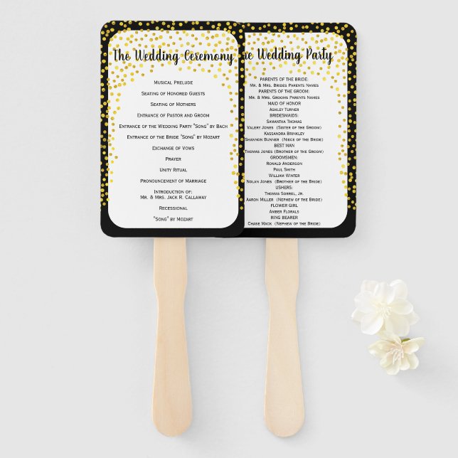 Gold Confetti Program Fan Custom Color shown Black (Front and Back)