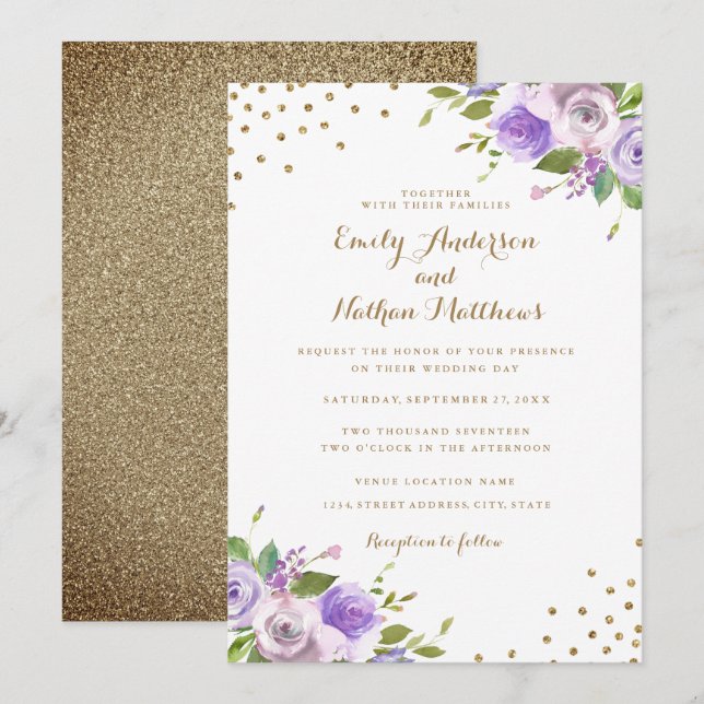 Gold Confetti Purple Floral Wedding Invitation (Front/Back)