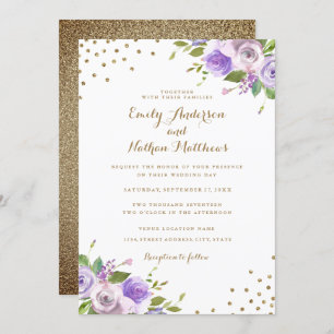 Gold Confetti Purple Floral Wedding Invitation
