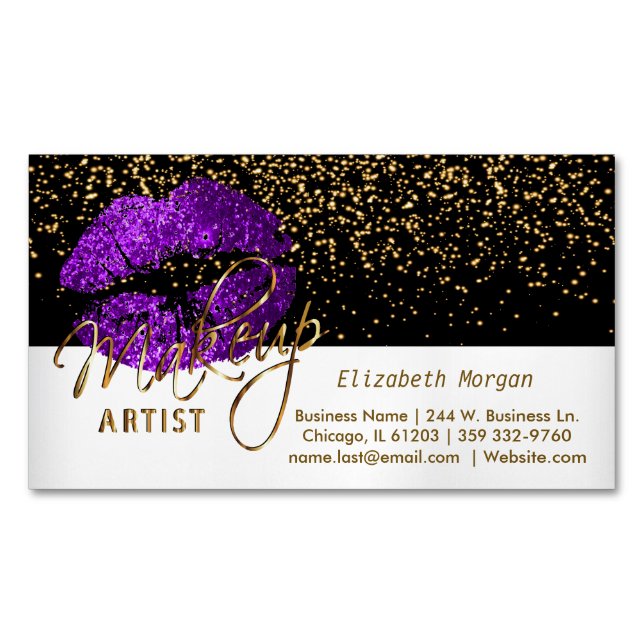 Gold Confetti & Purple Lips - Makeup Artist Business Card Magnet (Front)