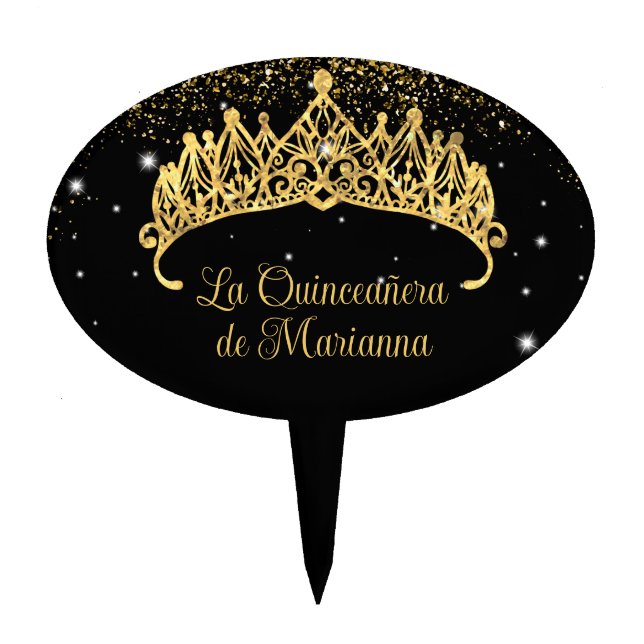 Gold Confetti Quinceanera Tiara Cake Topper (Front)