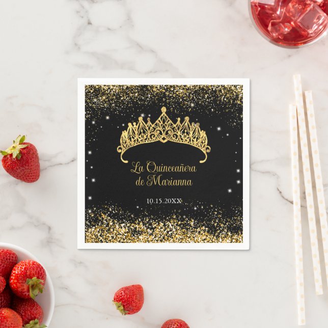 Gold Confetti Quinceanera Tiara Napkins (Insitu)