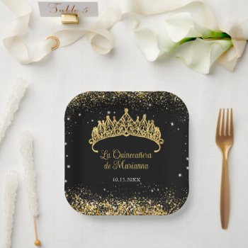 Gold Confetti Quinceanera Tiara Paper Plates by starstreamdesign at Zazzle