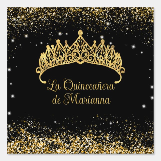Gold Confetti Quinceanera Tiara  Sign (Front)