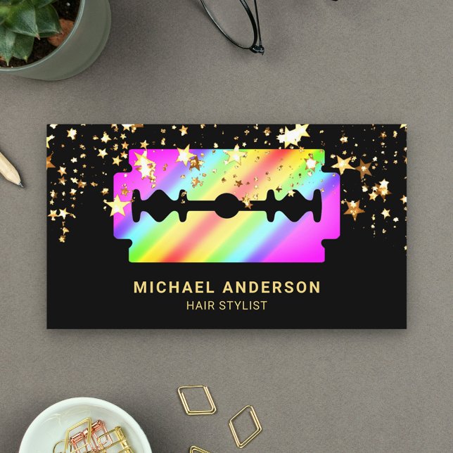 Gold Confetti Rainbow Razor Blade Hair Stylist Business Card (Creator Uploaded)