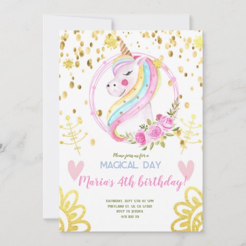 Gold Confetti Rainbow Unicorn face Birthday Invitation