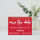 Gold Confetti Red Graduation Party Save the Date Announcement Postcard (Standing Front)