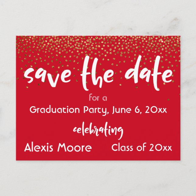 Gold Confetti Red Graduation Party Save the Date Announcement Postcard (Front)