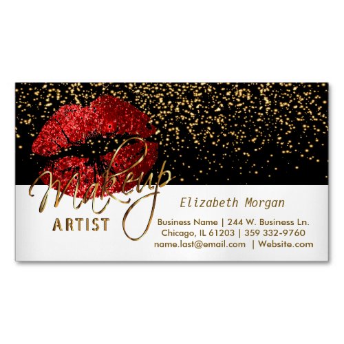 Gold Confetti & Red Lips - Makeup Artist Magnetic Business Card