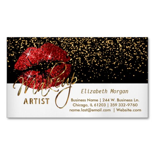 Gold Confetti  Red Lips _ Makeup Artist Magnetic Business Card