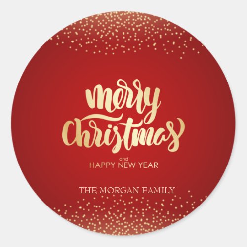 Gold Confetti Red Merry Christmas Classic Round Sticker