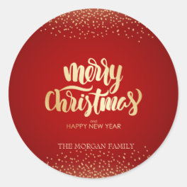 Gold Confetti Red Merry Christmas Classic Round Sticker