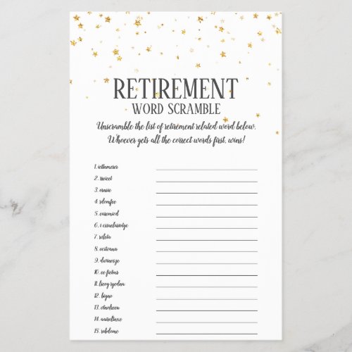 Gold Confetti Retirement Word Scramble Flyer