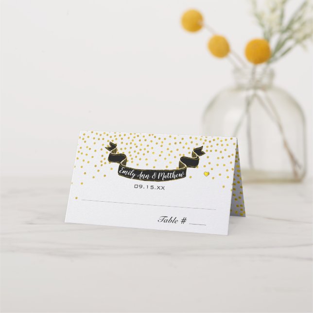 Gold Confetti Retro Black Banner Wedding Place Card (Back)