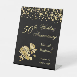 Gold Confetti Roses 50th Wedding Anniversary Pedestal Sign