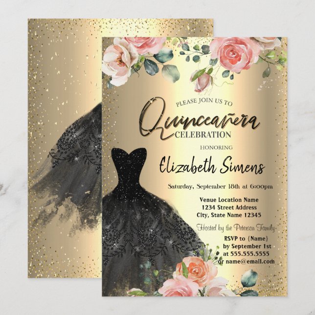 Gold Confetti,Roses Black Dress Quinceañera  Invitation (Front/Back)
