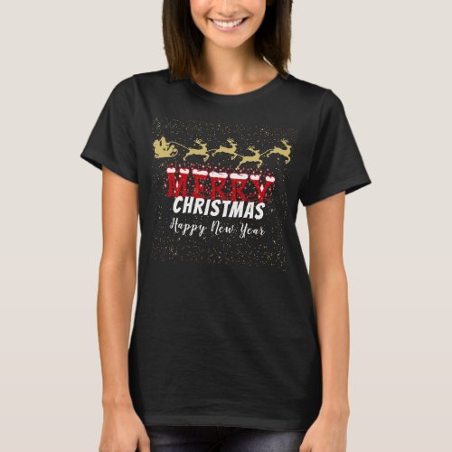 Gold Confetti Santa Sleigh Merry Christmas T_Shirt
