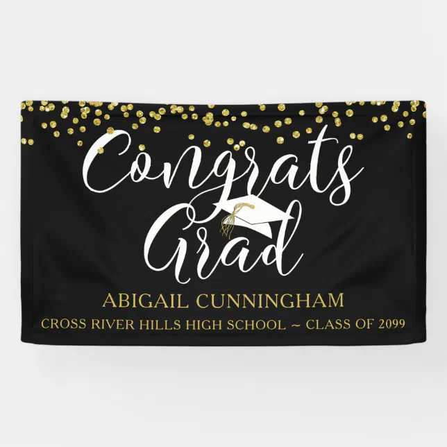 Gold Confetti Script CONGRATS GRAD Black Gold Banner | Zazzle