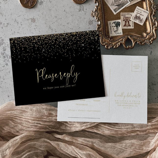 Gold Confetti Script Menu Choice RSVP Postcard (Creator Uploaded)