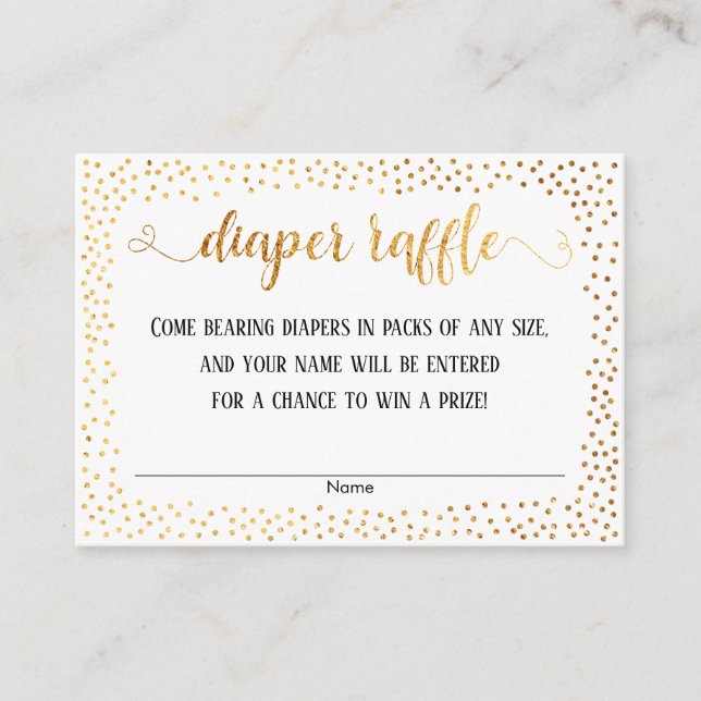 Gold Confetti, Script on White Diaper Raffle Cards (Front)