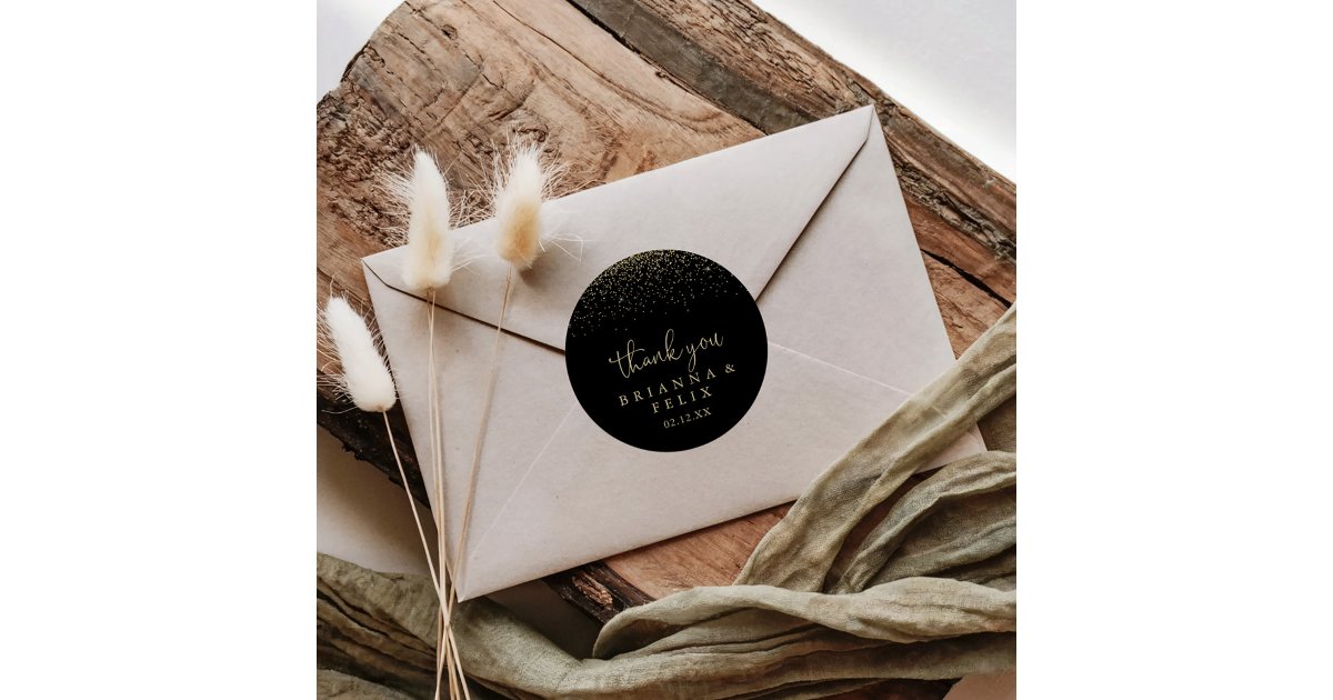 Gold Confetti Script Thank You Wedding Favor Classic Round Sticker | Zazzle