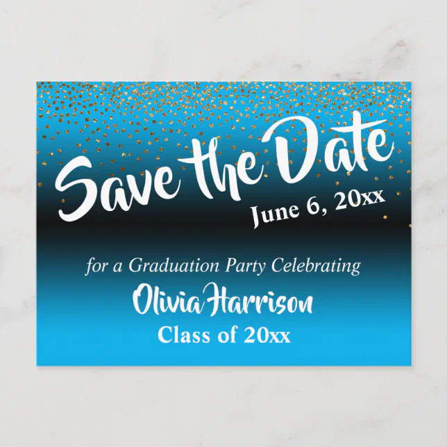 Gold Confetti Sky Blue Graduation Save the Date Postcard | Zazzle