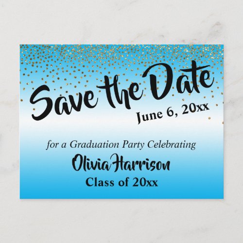 Gold Confetti Sky Blue Graduation Save the Date Postcard