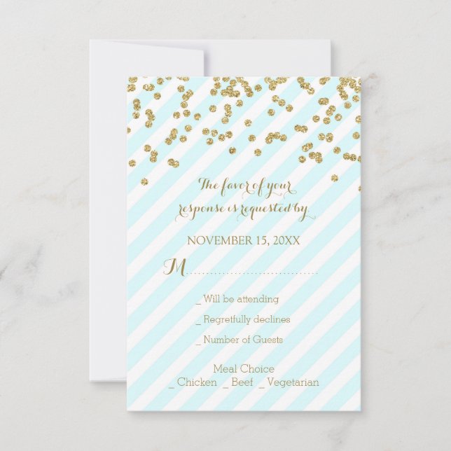 Gold Confetti Sky Blue Stripes Wedding RSVP (Front)