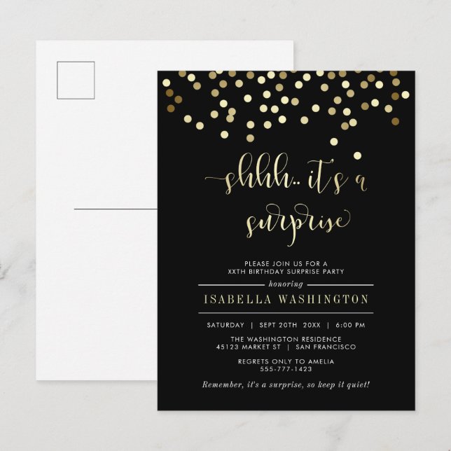 Gold Confetti Surprise Birthday Party Invitation Postcard (Front/Back)