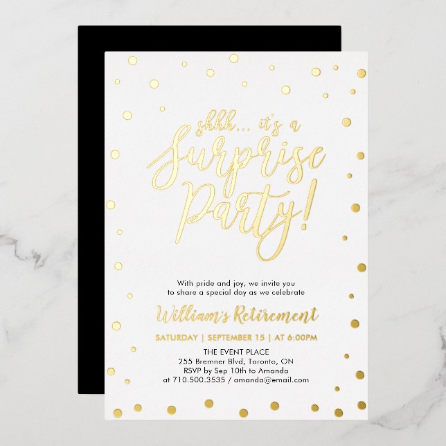 Gold Confetti Surprise Retirement Party Foil Invit Foil Invitation (Front/Back)