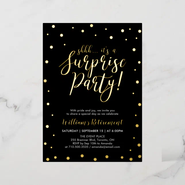 Gold Confetti Surprise Retirement Party Foil Invitation | Zazzle