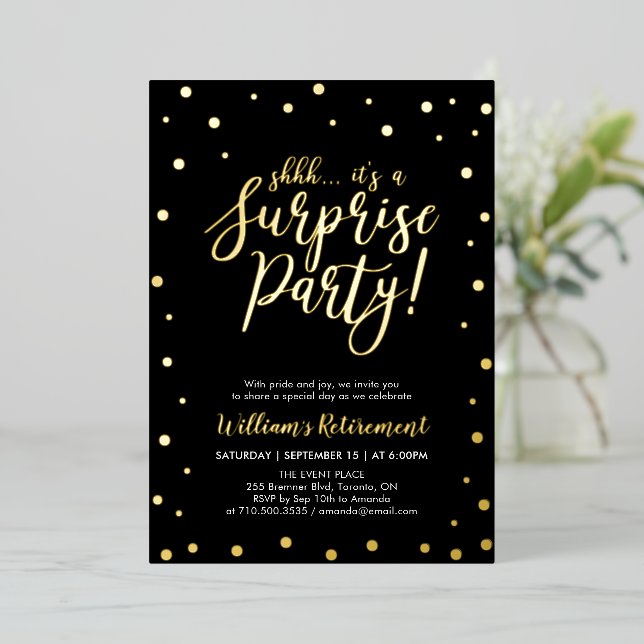 Gold Confetti Surprise Retirement Party Foil Invitation (Standing Front)